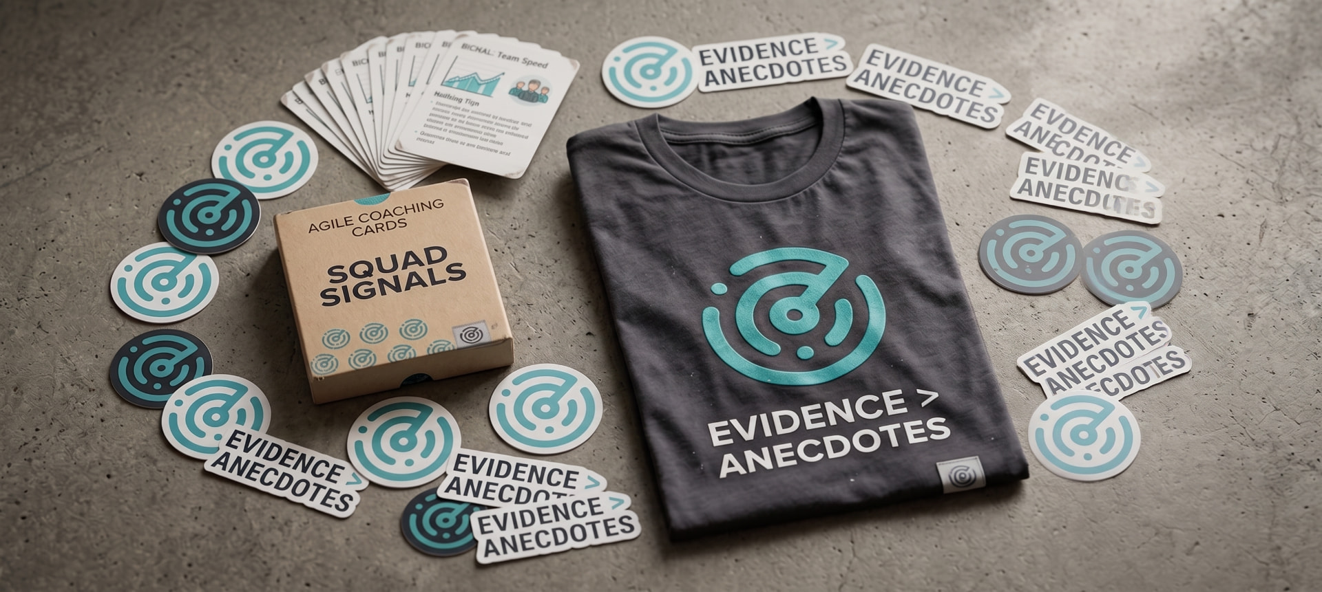 Squad Signals swag bundle: logo stickers, a black t-shirt reading EVIDENCE > ANECDOTES, and the Agile anti-pattern card deck